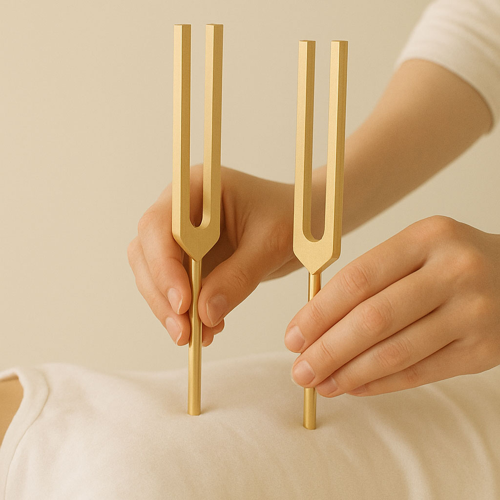 Zwei goldene Stimmgabeln auf dem Rücken einer Person für Frequenzmedizin und Klangheilung